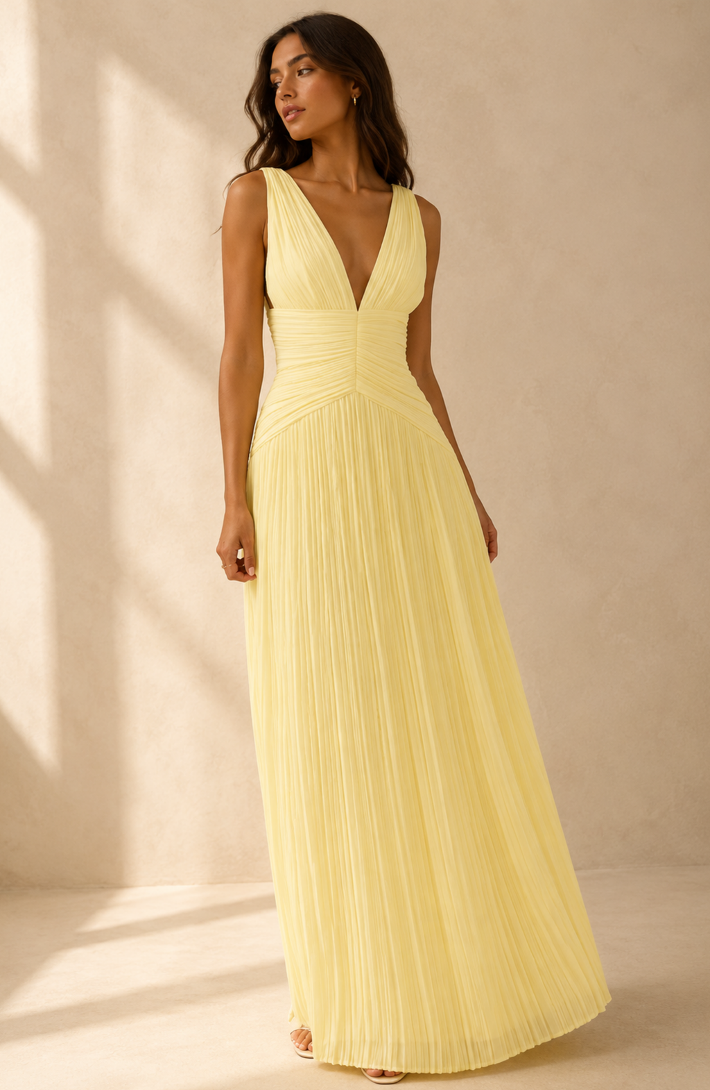 Elegant Pleated V-Neck Maxi Dress for Women