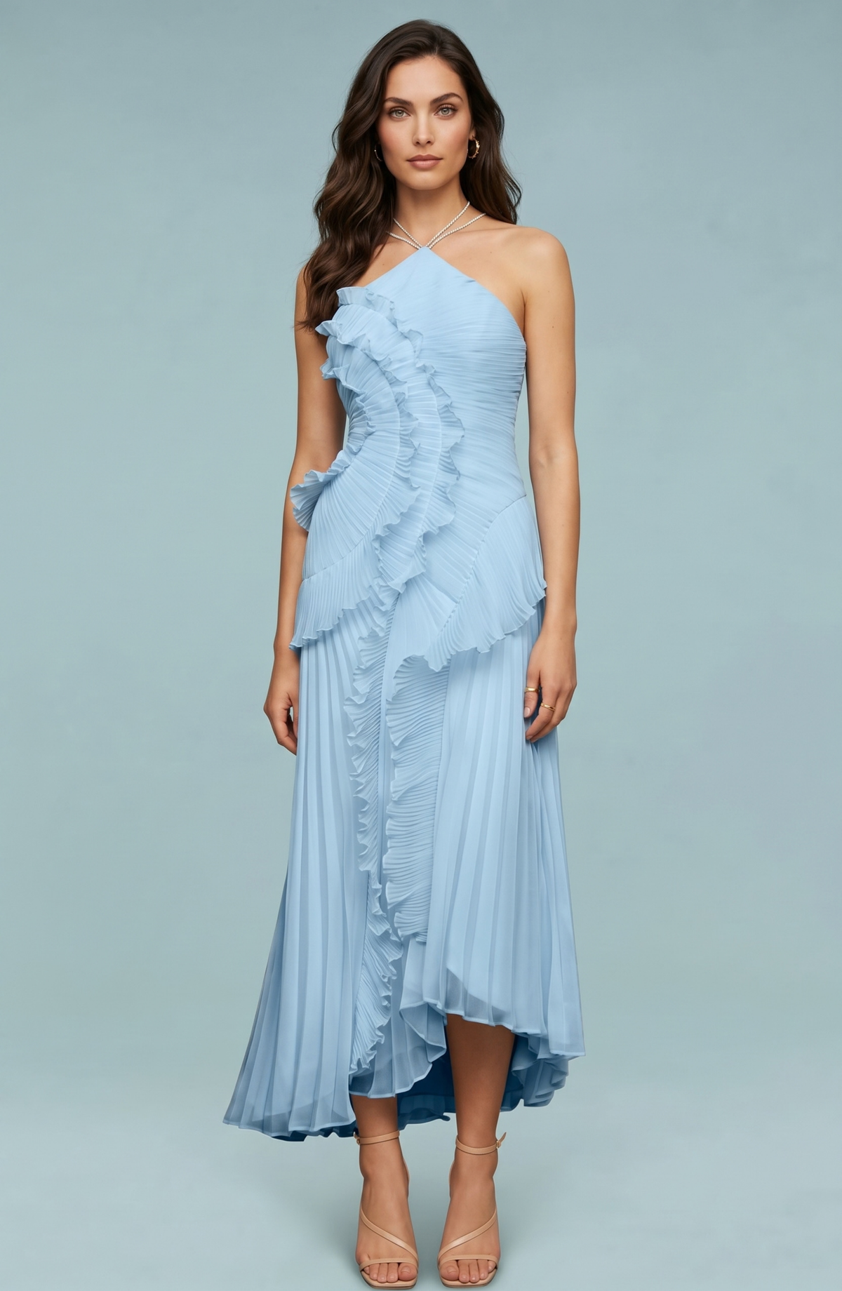 Pleated Halter Neck Ruffle Maxi Dress - Women's High-Low Wedding Guest Gown