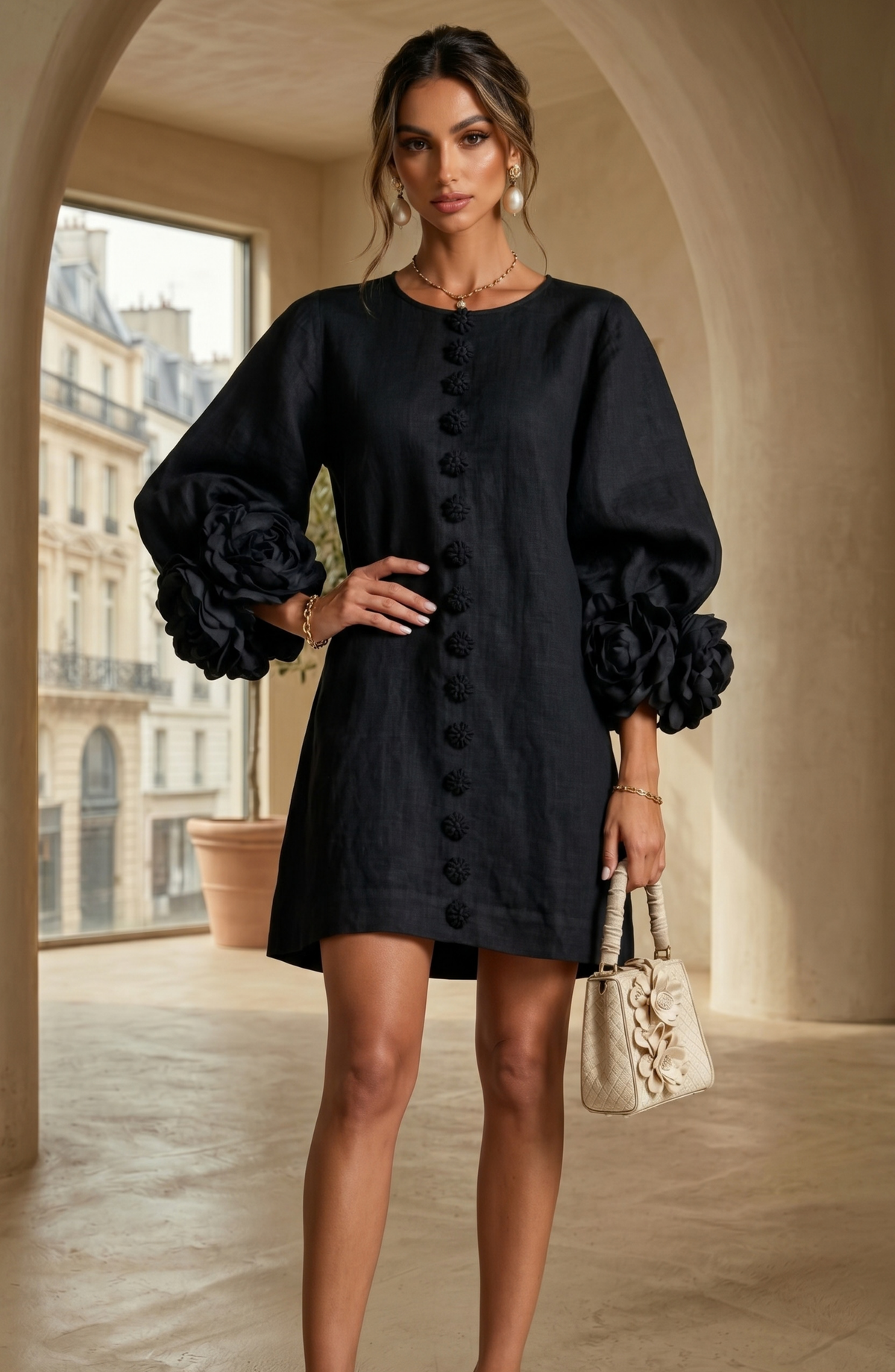 Floral Button Front Mini Dress with Statement Sleeves – Women's Casual Dress