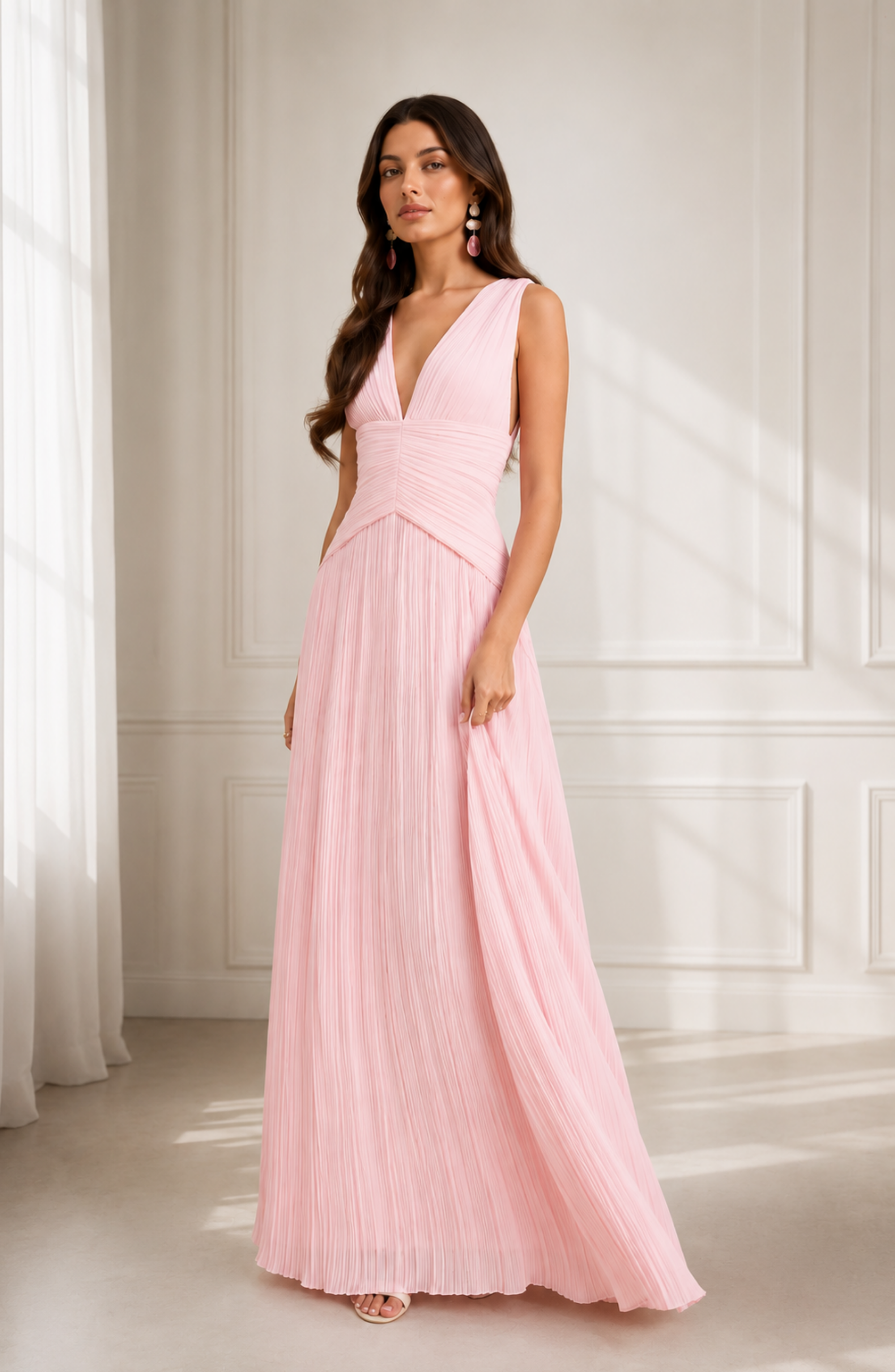 Elegant Pleated V-Neck Maxi Dress for Women