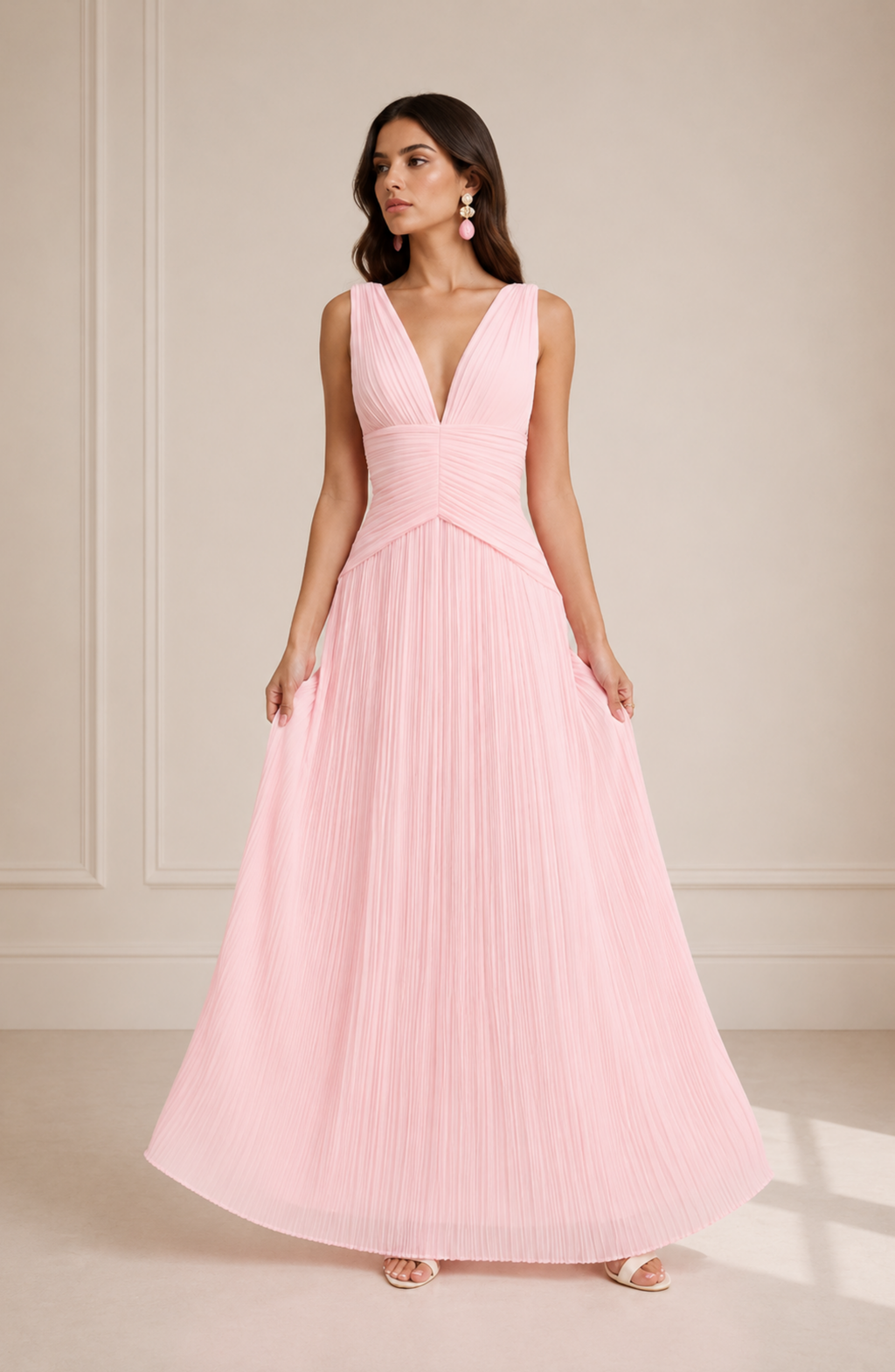 Elegant Pleated V-Neck Maxi Dress for Women
