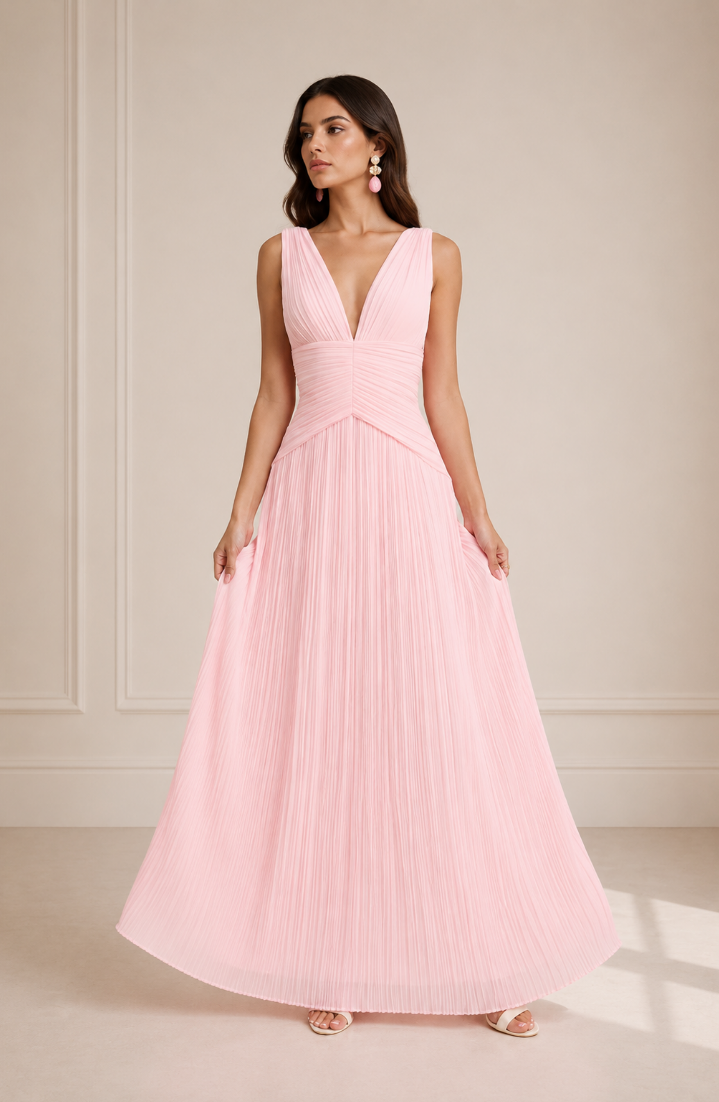 Elegant Pleated V-Neck Maxi Dress for Women
