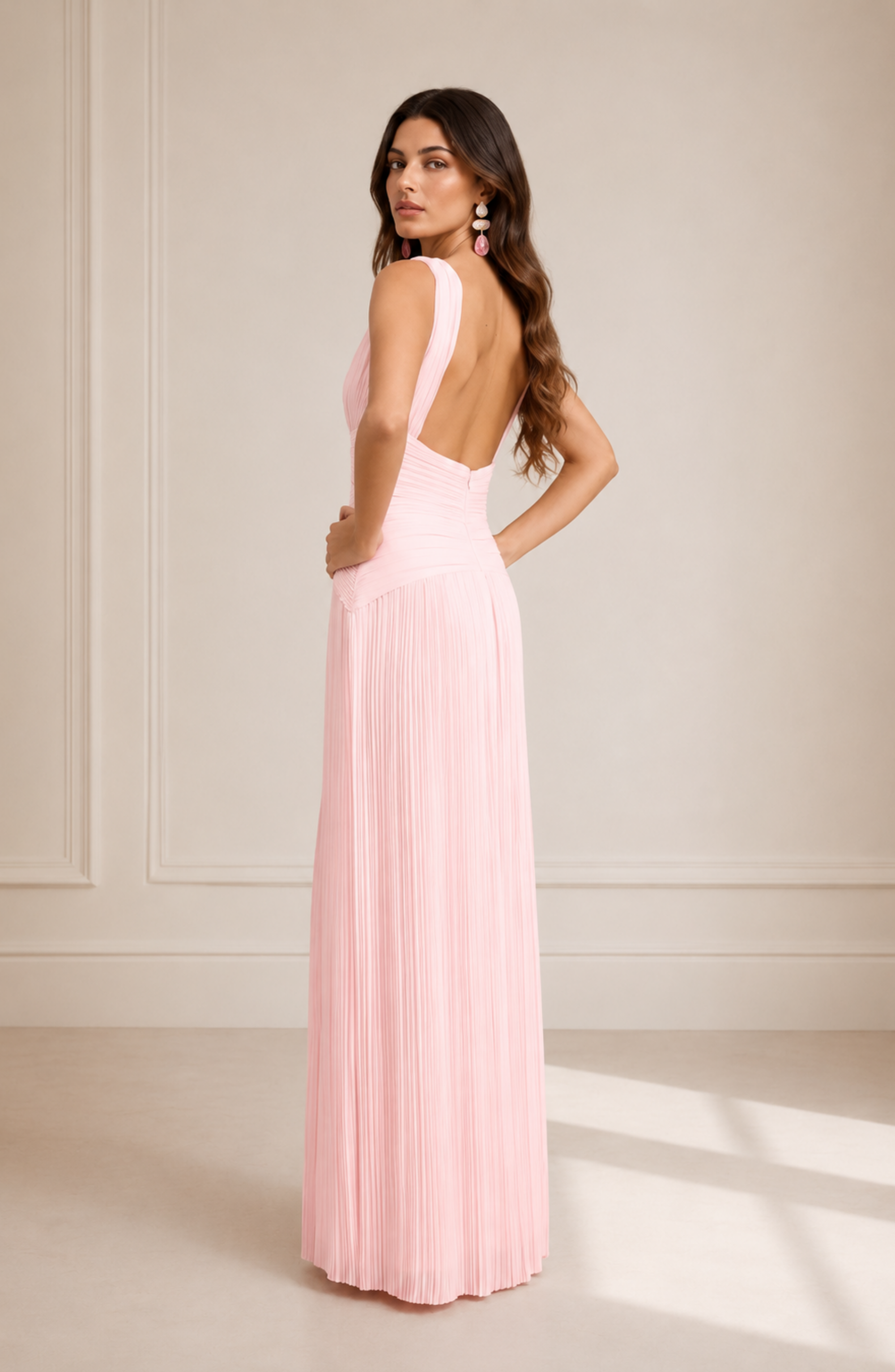Elegant Pleated V-Neck Maxi Dress for Women