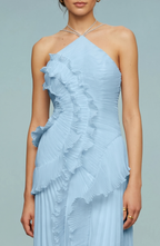 Pleated Halter Neck Ruffle Maxi Dress - Women's High-Low Wedding Guest Gown