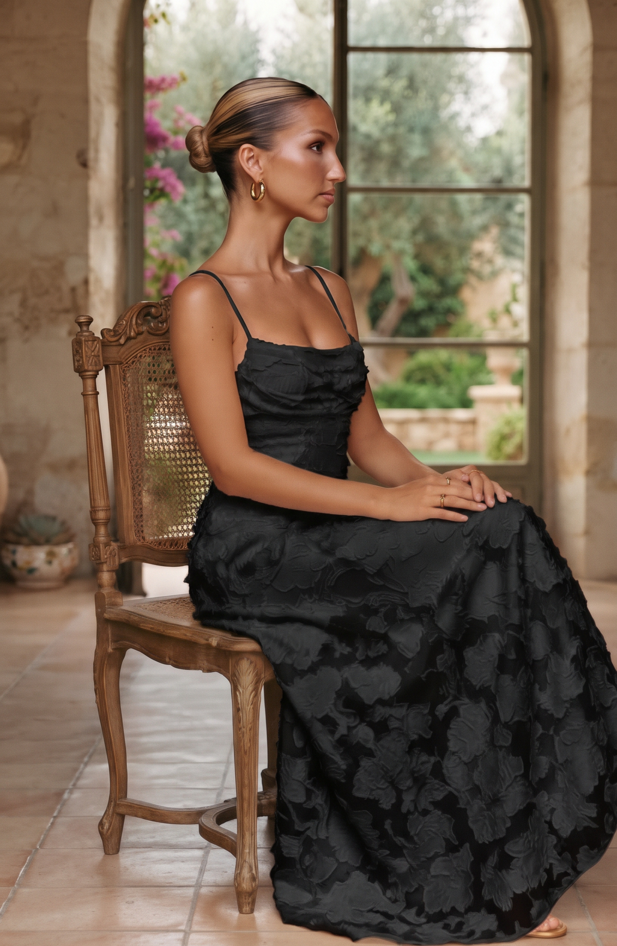 Floral Lace Spaghetti Strap Maxi Dress - Women's Cowl Neck Evening Gown