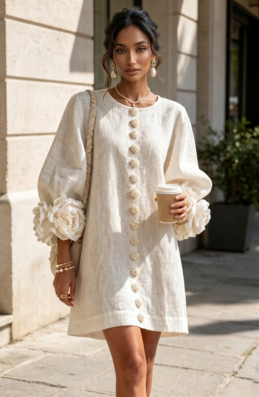 Floral Button Front Mini Dress with Statement Sleeves – Women's Casual Dress