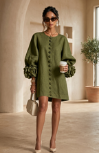 Floral Button Front Mini Dress with Statement Sleeves – Women's Casual Dress