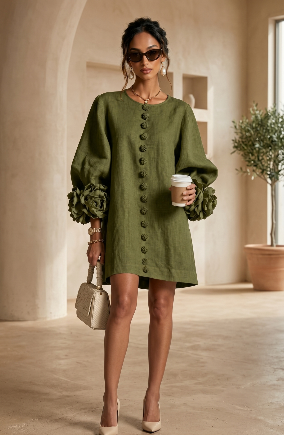 Floral Button Front Mini Dress with Statement Sleeves – Women's Casual Dress