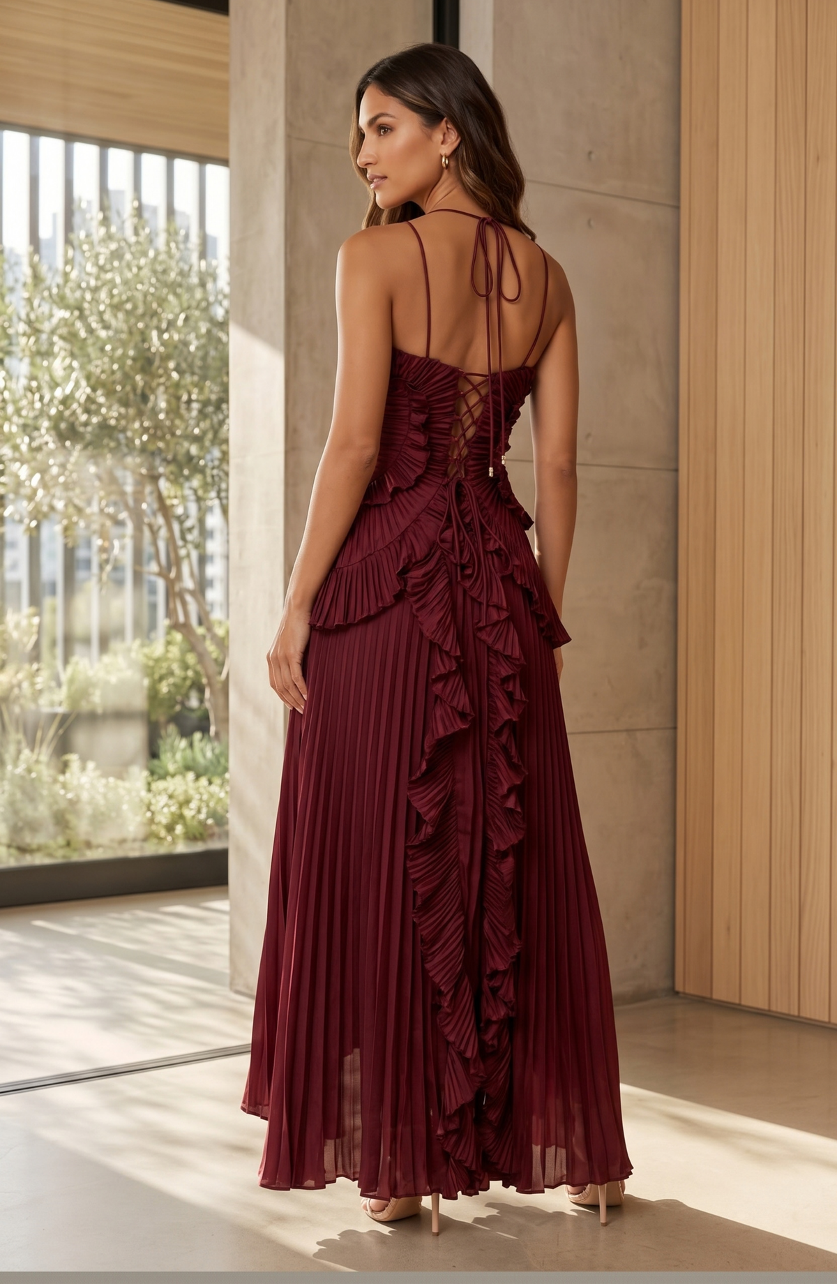 Pleated Halter Neck Ruffle Maxi Dress - Women's High-Low Wedding Guest Gown
