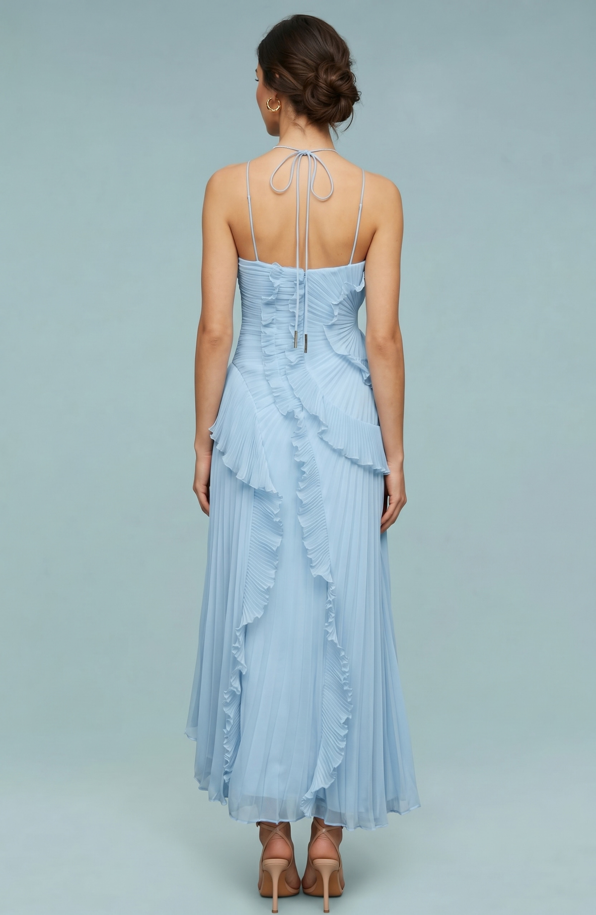 Pleated Halter Neck Ruffle Maxi Dress - Women's High-Low Wedding Guest Gown