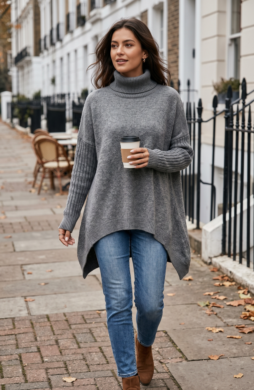 Oversized Turtleneck Asymmetric Hem Tunic Sweater - Women's Loose Knit Pullover