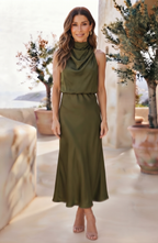 High Halter Neck Draped Satin Midi Dress - Women's Sleeveless Cocktail Party Dress