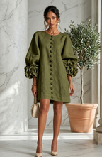 Floral Button Front Mini Dress with Statement Sleeves – Women's Casual Dress