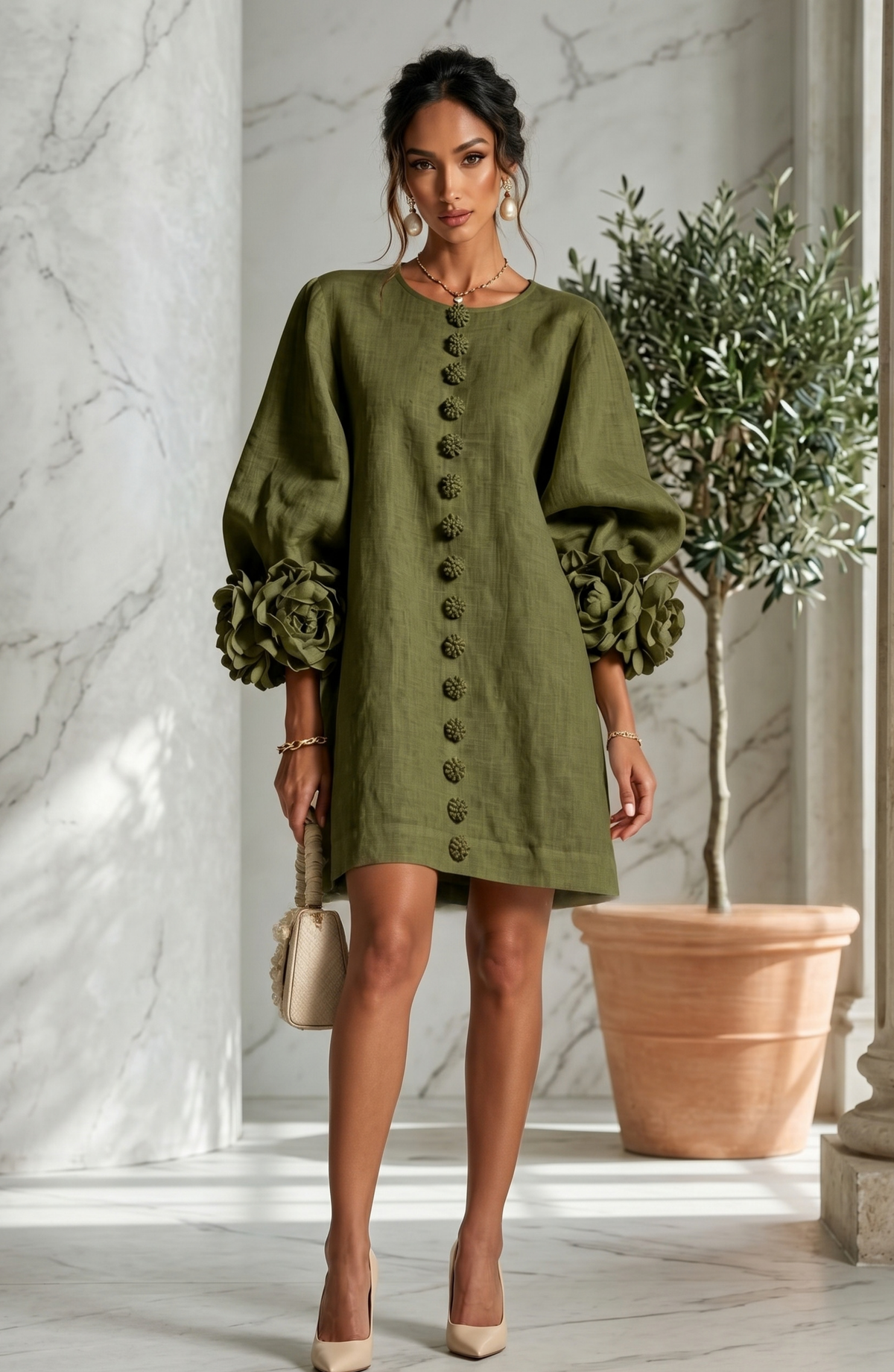 Floral Button Front Mini Dress with Statement Sleeves – Women's Casual Dress