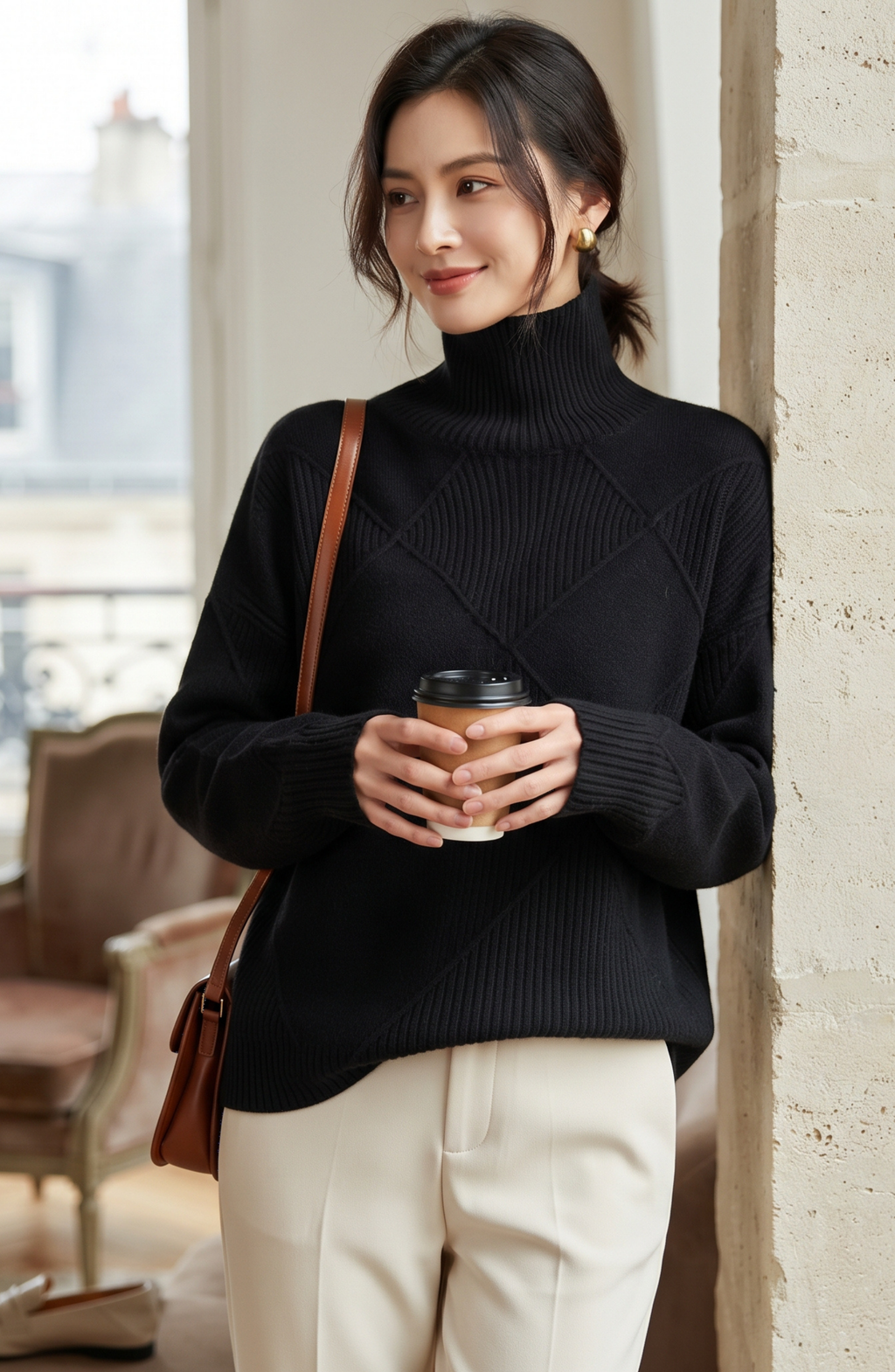 Diamond Geometric Ribbed Turtleneck Sweater - Women's Long Sleeve Fall Pullover