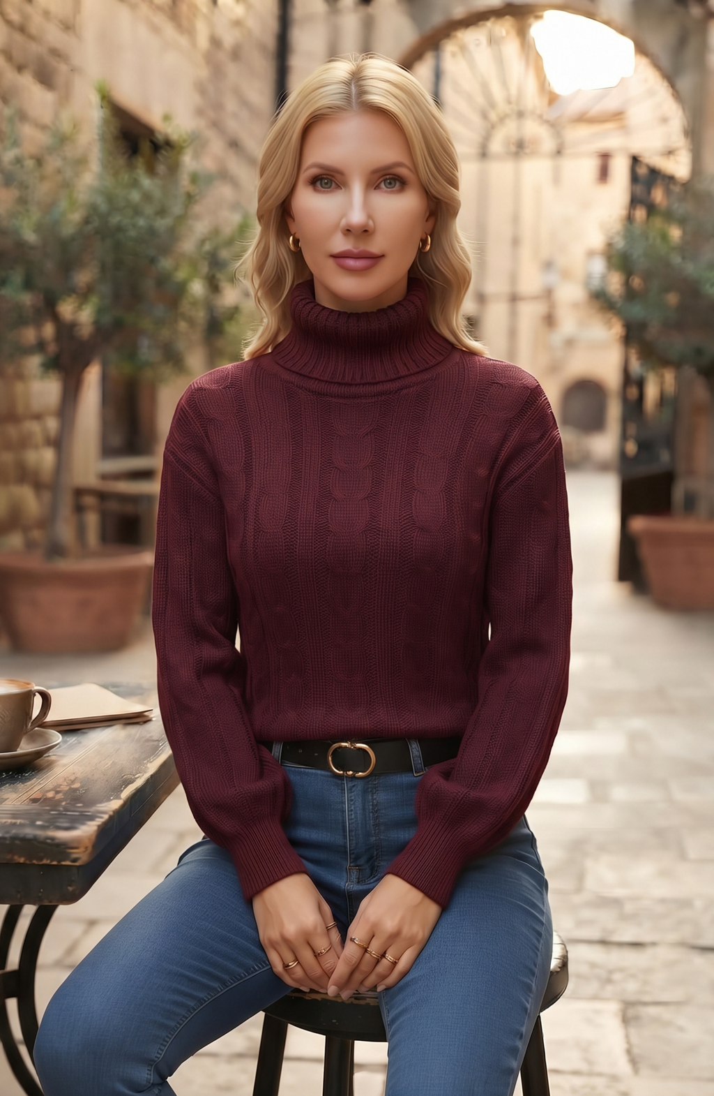 Turtleneck Cable Knit Pullover Sweater - Women's Long Sleeve Fall Jumper