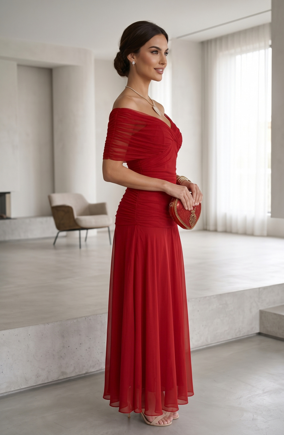 Ruched V-Neck Chiffon Midi Evening Dress - Women's Flutter Sleeve Formal Wedding Guest Gown