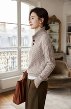 Button Placket Cable Knit Mock Neck Sweater - Women's Long Sleeve Fall Pullover