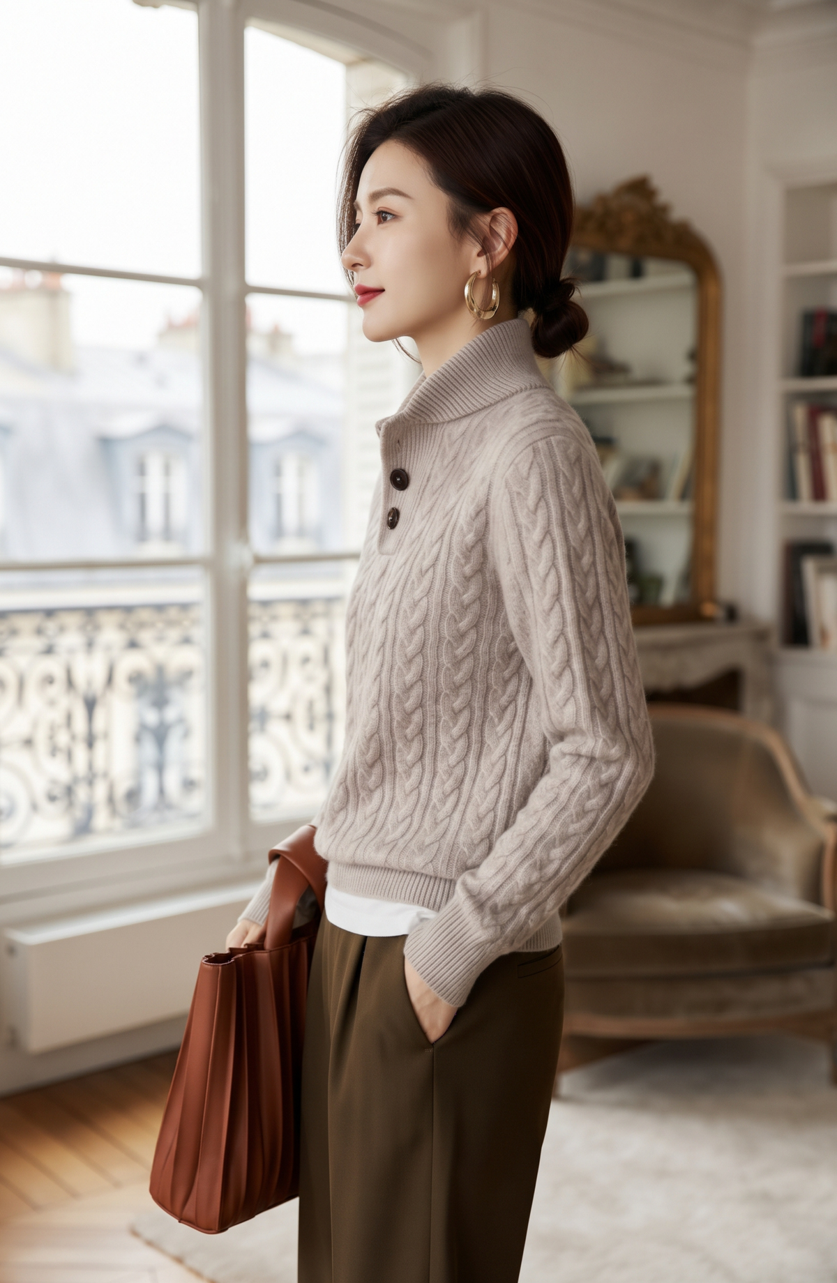 Button Placket Cable Knit Mock Neck Sweater - Women's Long Sleeve Fall Pullover