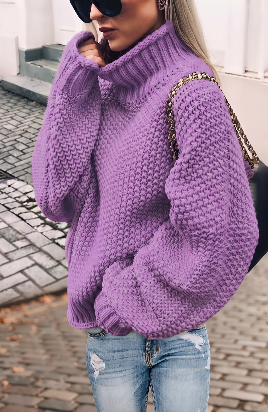 Chunky Waffle Knit Mock Neck Sweater - Women's Long Sleeve Fall Pullover