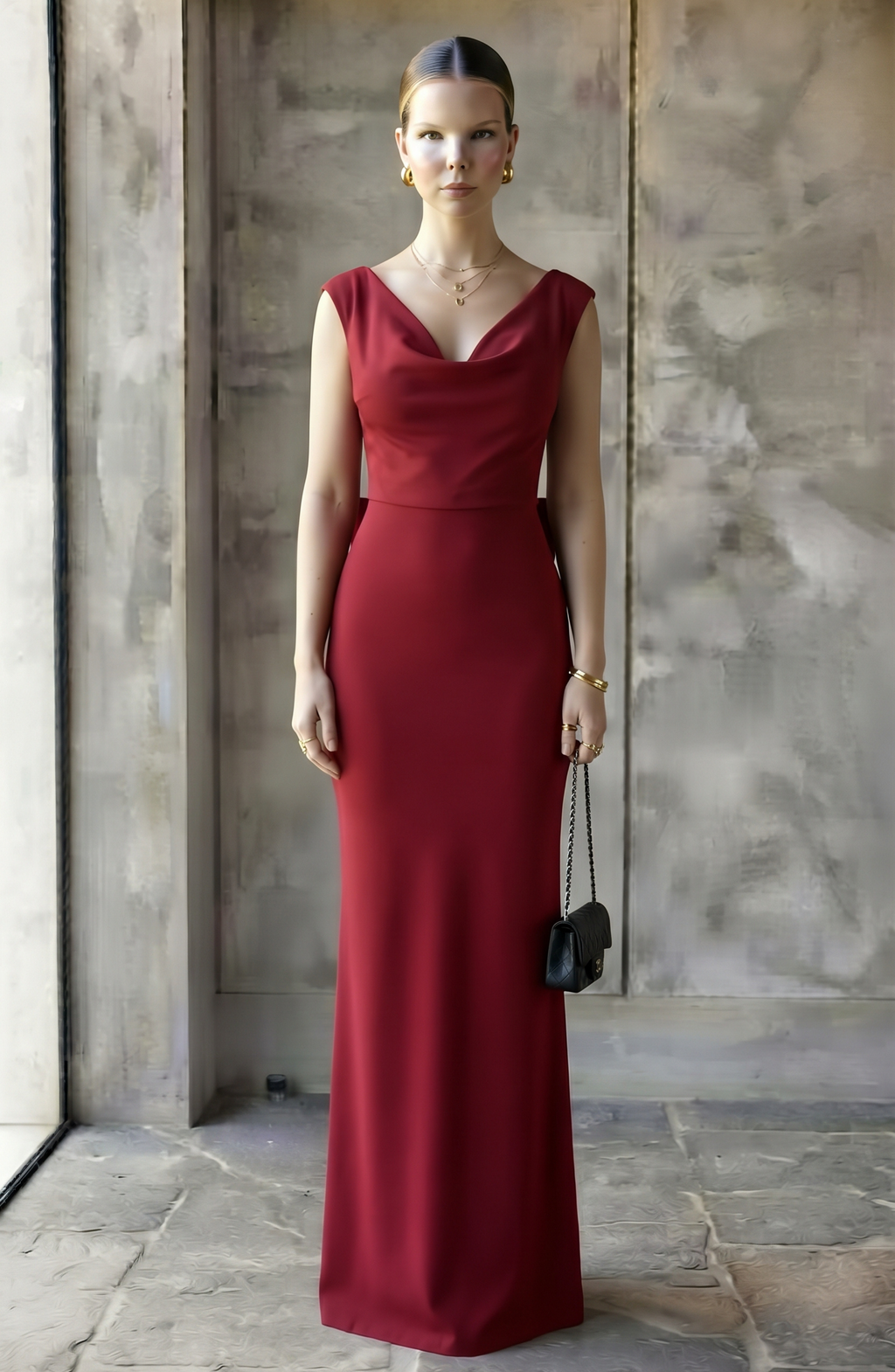 Cowl Neck Backless Maxi Evening Gown - Women's Open Back Bow Detail Formal Dress