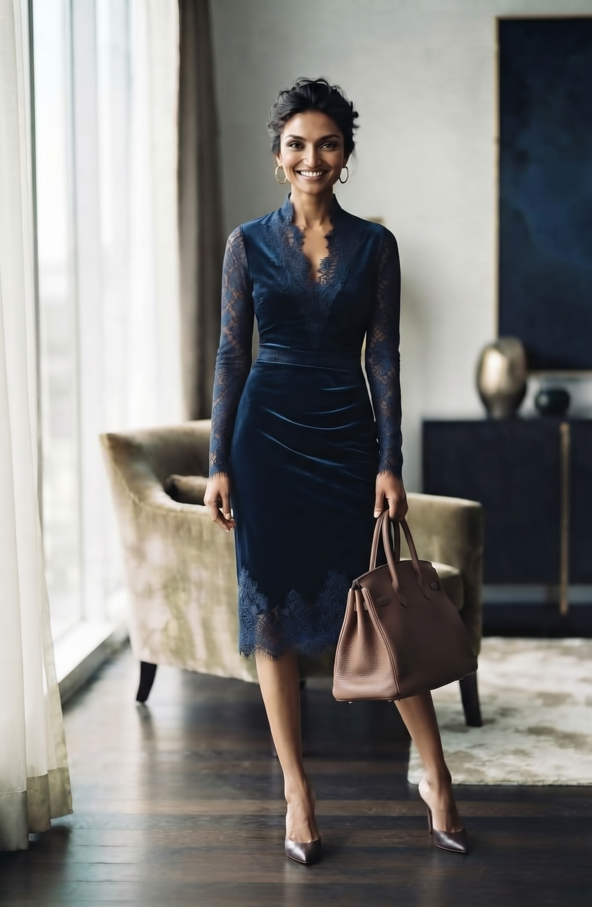 Lace Trim Velvet Midi Dress - Women's Long Sleeve Elegant Cocktail Party Dress
