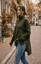 Oversized Turtleneck Asymmetric Hem Tunic Sweater - Women's Loose Knit Pullover