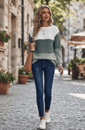 Color Block Ribbed Knit Boat Neck Sweater - Women's Long Sleeve Fall Pullover