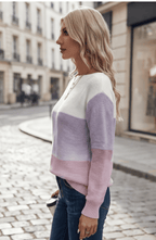 Color Block Ribbed Knit Boat Neck Sweater - Women's Long Sleeve Fall Pullover