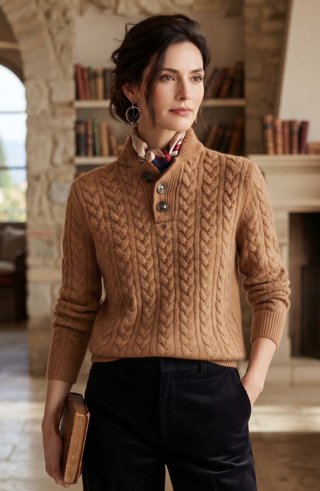 Button Placket Cable Knit Mock Neck Sweater - Women's Long Sleeve Fall Pullover