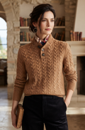 Button Placket Cable Knit Mock Neck Sweater - Women's Long Sleeve Fall Pullover
