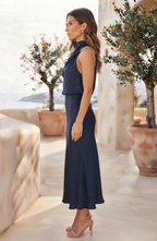 High Halter Neck Draped Satin Midi Dress - Women's Sleeveless Cocktail Party Dress