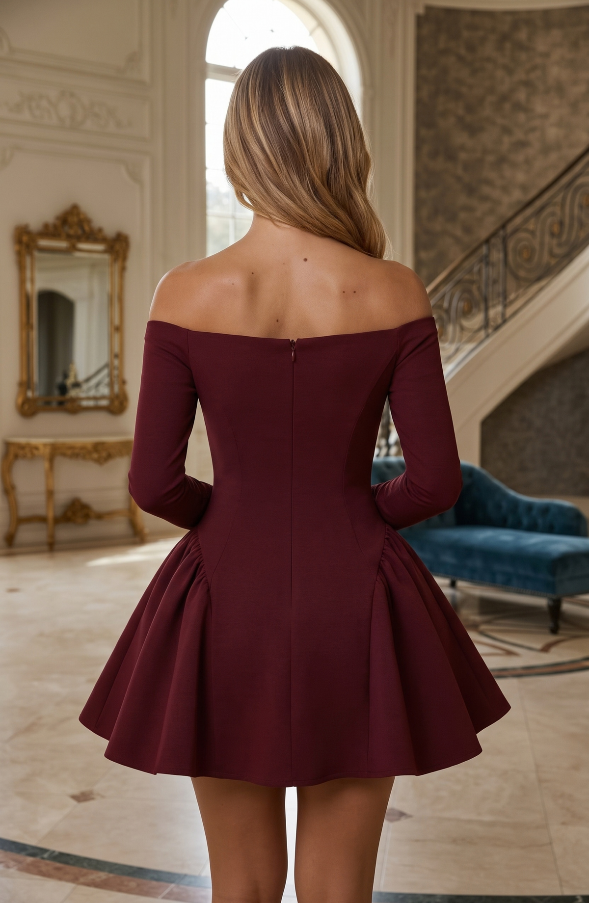 Off-the-Shoulder Long Sleeve Skater Mini Dress - Women's Sweetheart Cocktail Party Dress