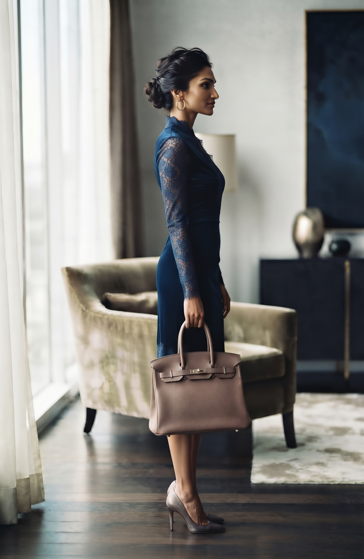 Lace Trim Velvet Midi Dress - Women's Long Sleeve Elegant Cocktail Party Dress