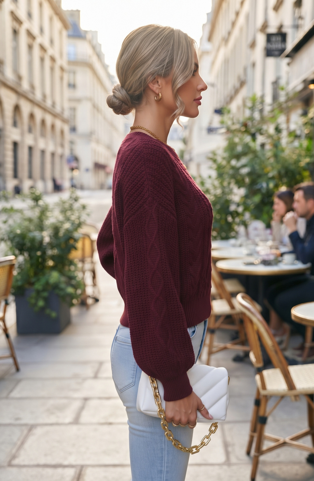 Diamond Pattern Knit Crewneck Sweater - Women's Lantern Sleeve Fall Pullover