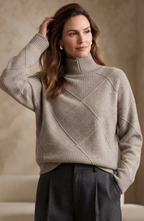 Diamond Geometric Ribbed Turtleneck Sweater - Women's Long Sleeve Fall Pullover
