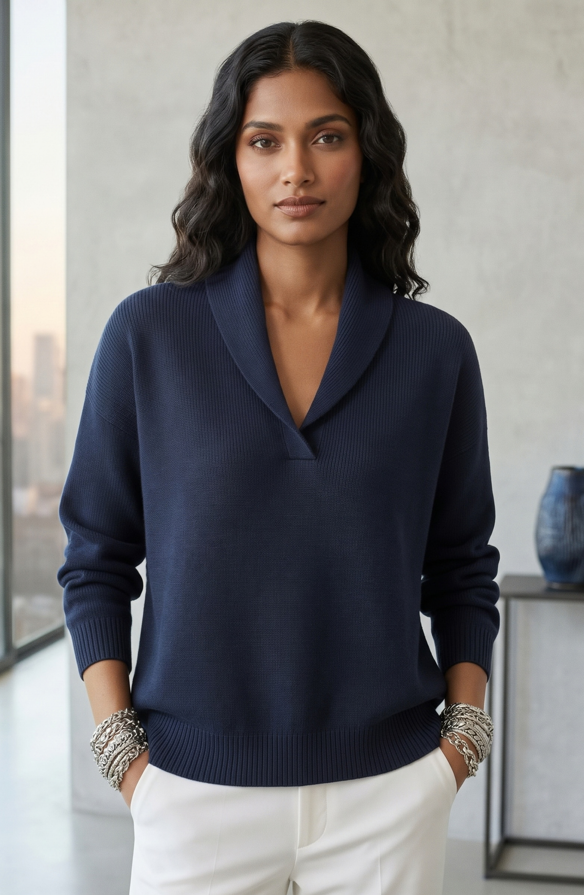 Shawl Collar V-Neck Knit Sweater - Women's Long Sleeve Elegant Pullover
