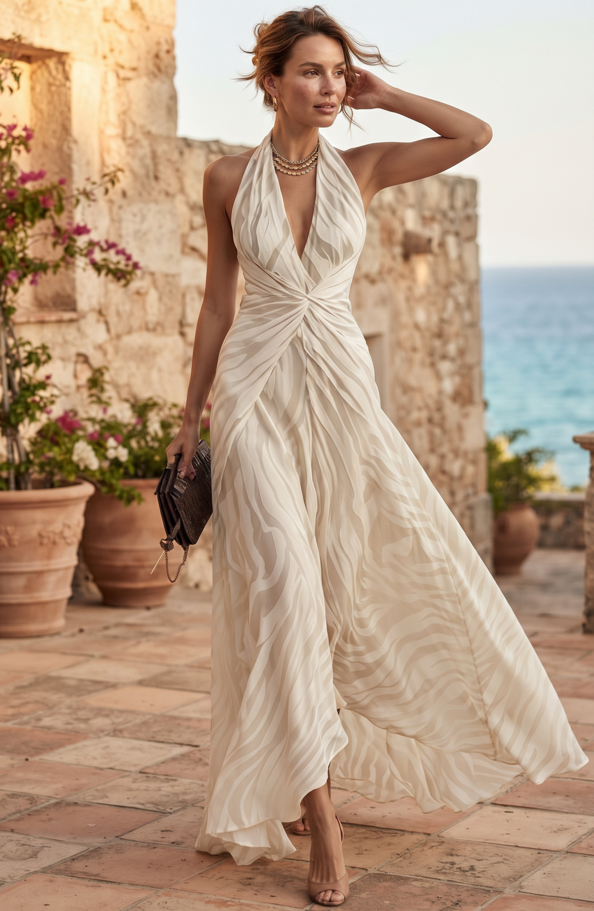 Plunging Halter Neck Printed Maxi Dress - Women's Twist Waist Resort Evening Gown