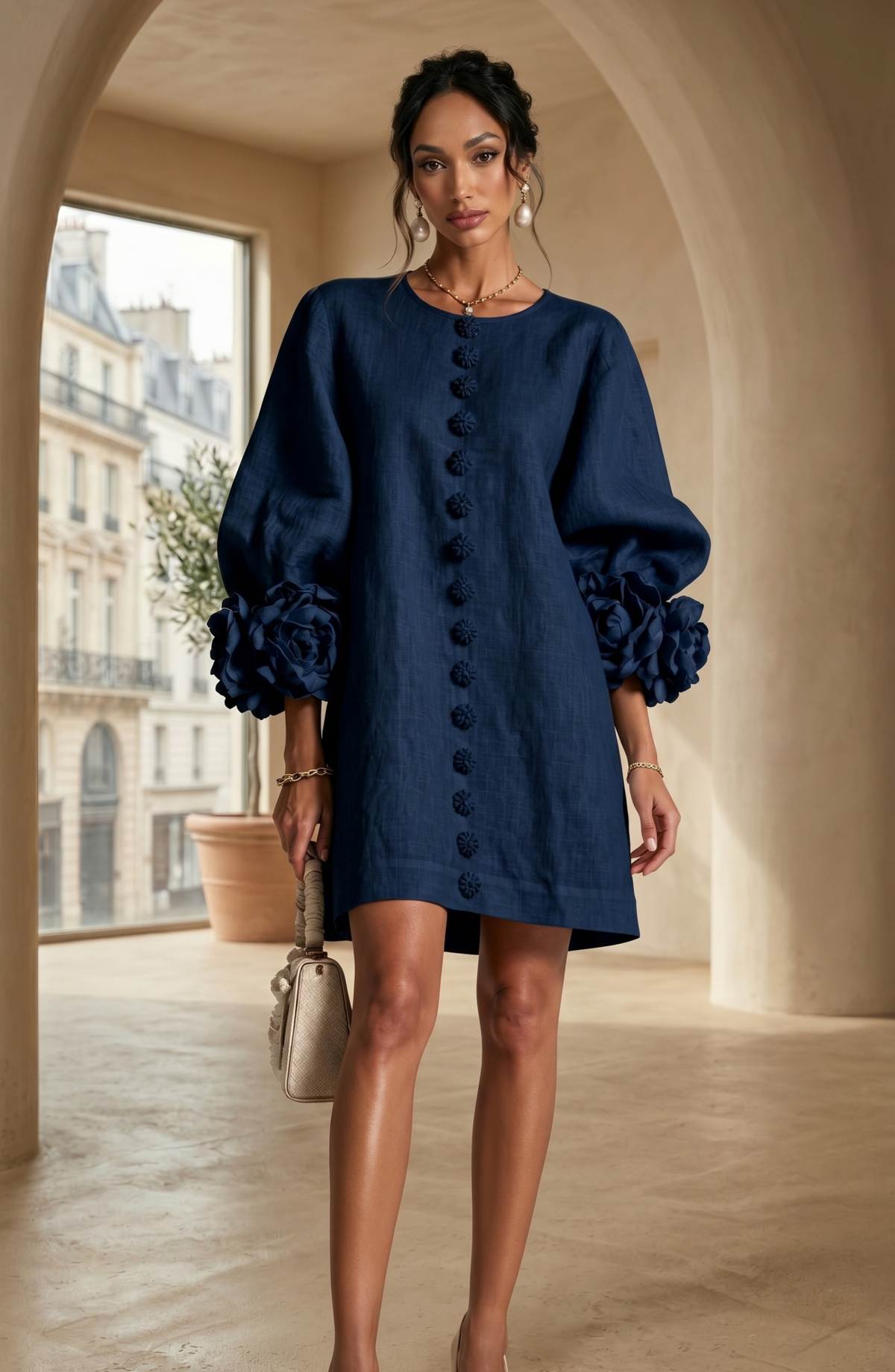 Floral Button Front Mini Dress with Statement Sleeves – Women's Casual Dress