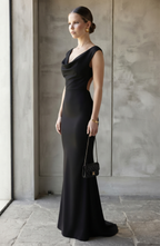Cowl Neck Backless Maxi Evening Gown - Women's Open Back Bow Detail Formal Dress