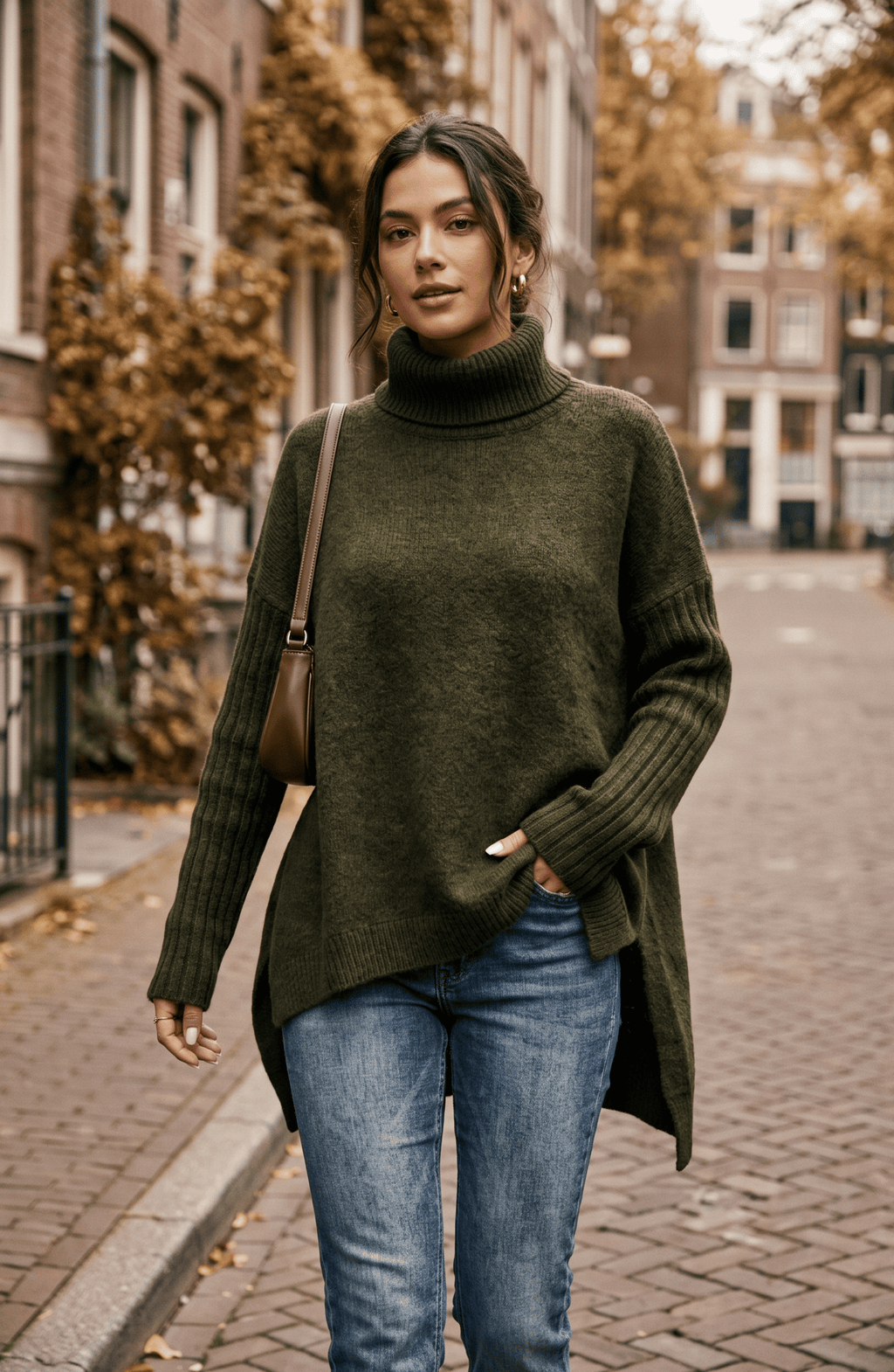 Oversized Turtleneck Asymmetric Hem Tunic Sweater - Women's Loose Knit Pullover