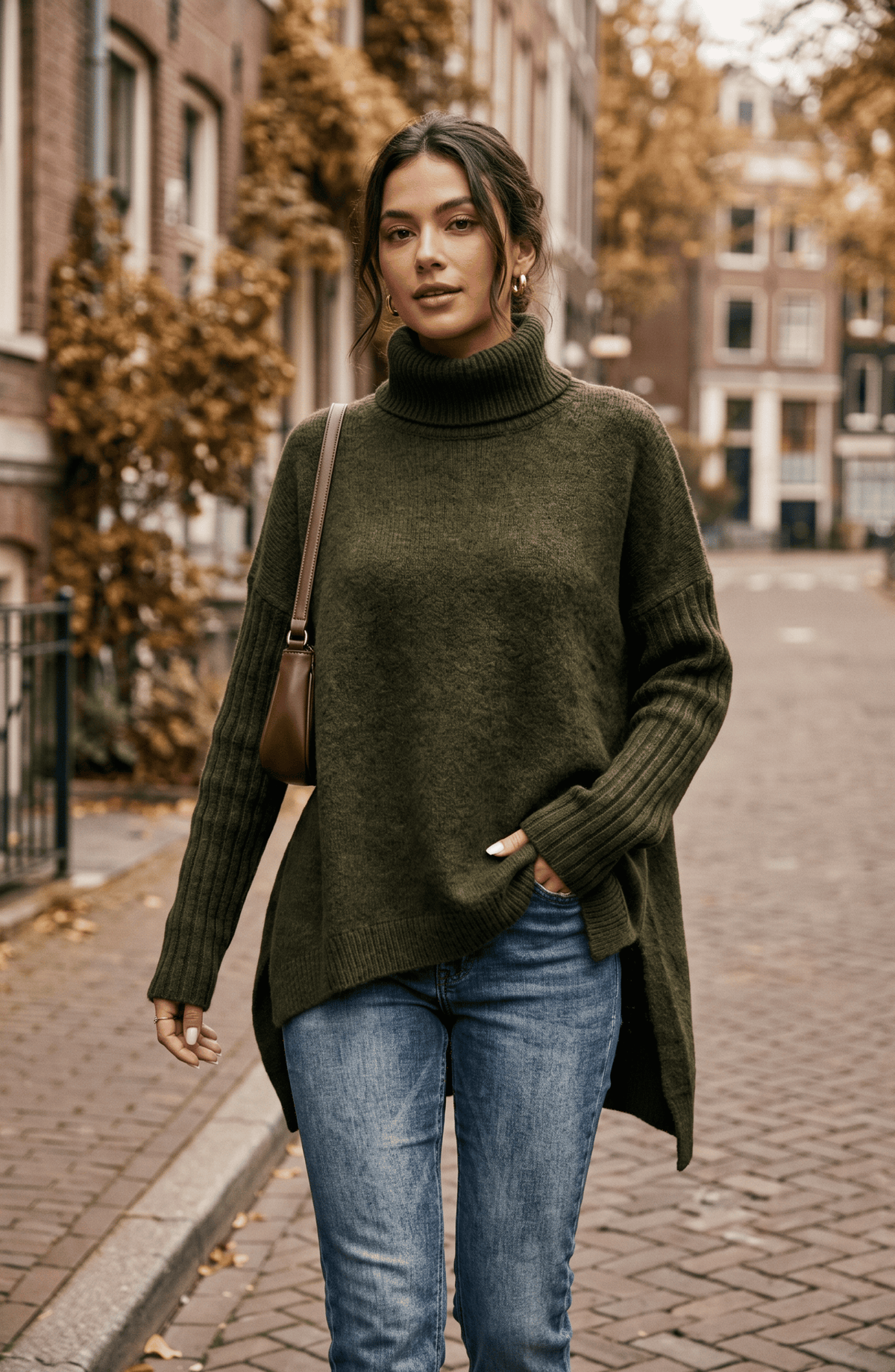Oversized Turtleneck Asymmetric Hem Tunic Sweater - Women's Loose Knit Pullover