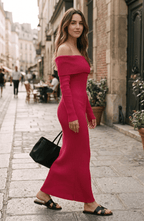 Off-the-Shoulder Long Sleeve Ribbed Knit Maxi Dress - Women's Fitted Sweater Dress