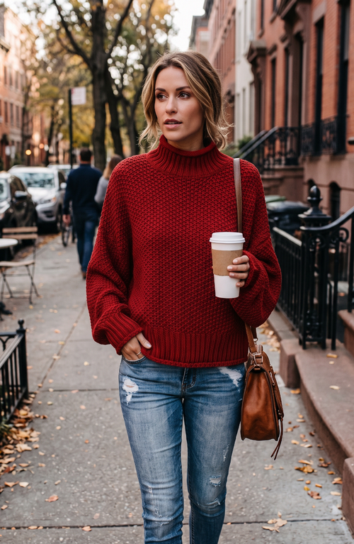 Chunky Waffle Knit Mock Neck Sweater - Women's Long Sleeve Fall Pullover