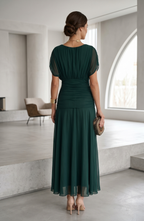 Ruched V-Neck Chiffon Midi Evening Dress - Women's Flutter Sleeve Formal Wedding Guest Gown