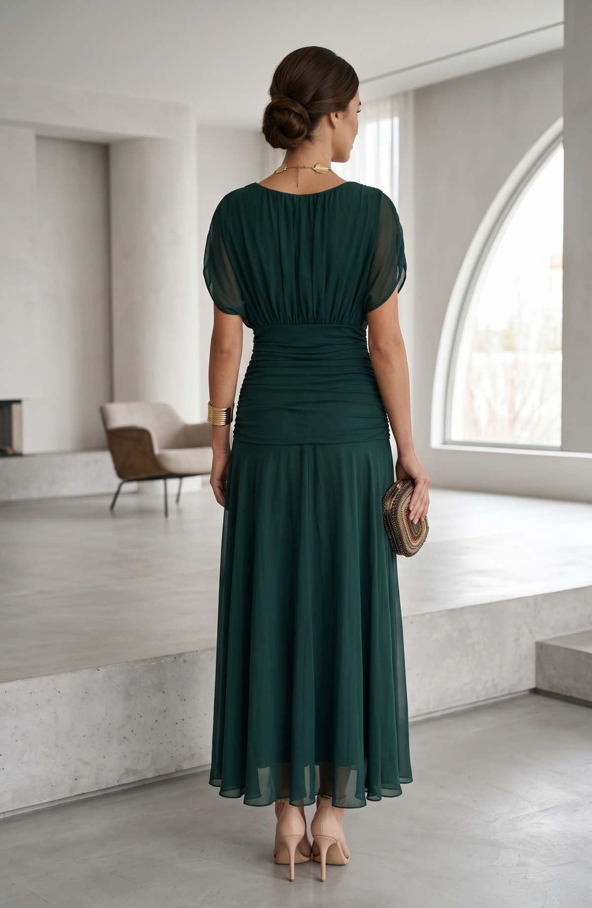Ruched V-Neck Chiffon Midi Evening Dress - Women's Flutter Sleeve Formal Wedding Guest Gown
