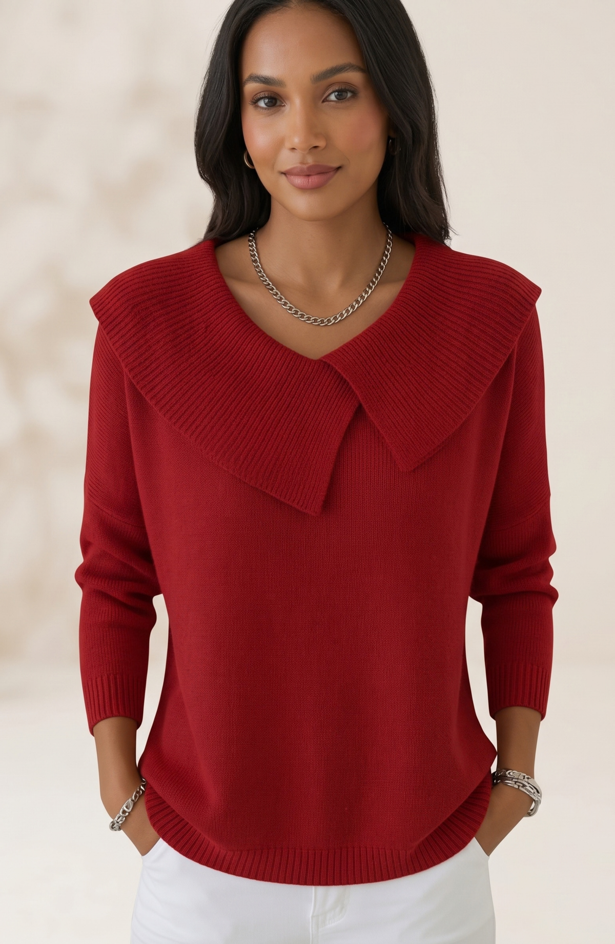 Elegant Wide Lapel Collar Knit Sweater - Women's Long Sleeve Fall Pullover