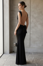 Cowl Neck Backless Maxi Evening Gown - Women's Open Back Bow Detail Formal Dress