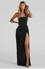 Strapless Draped High Slit Maxi Dress - Women's Formal Evening Gown