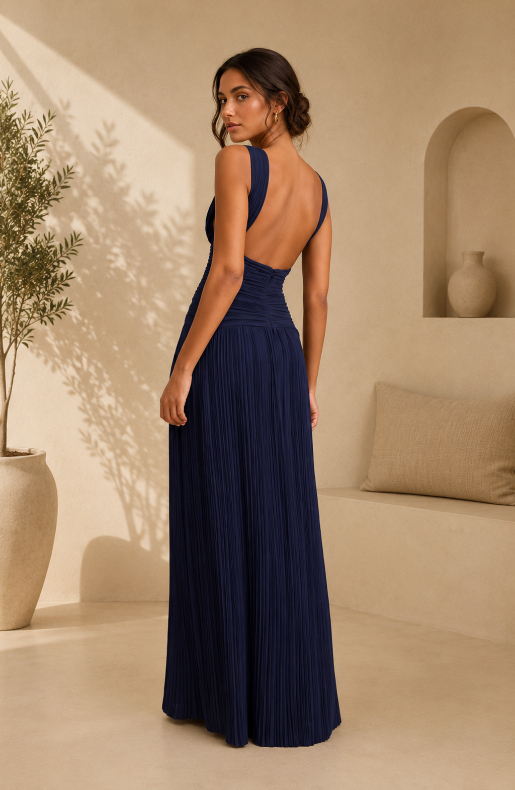 Elegant Pleated V-Neck Maxi Dress for Women